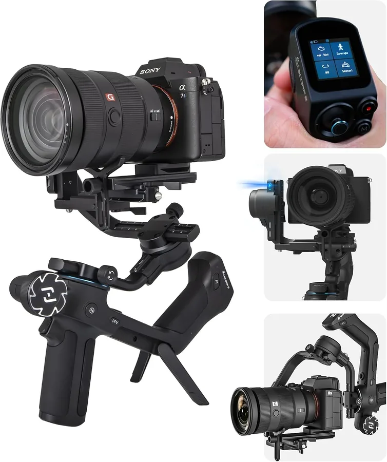 Feiyu Scorp 2 gimbal met een Sony a7S erop en het touchscreen in beeld